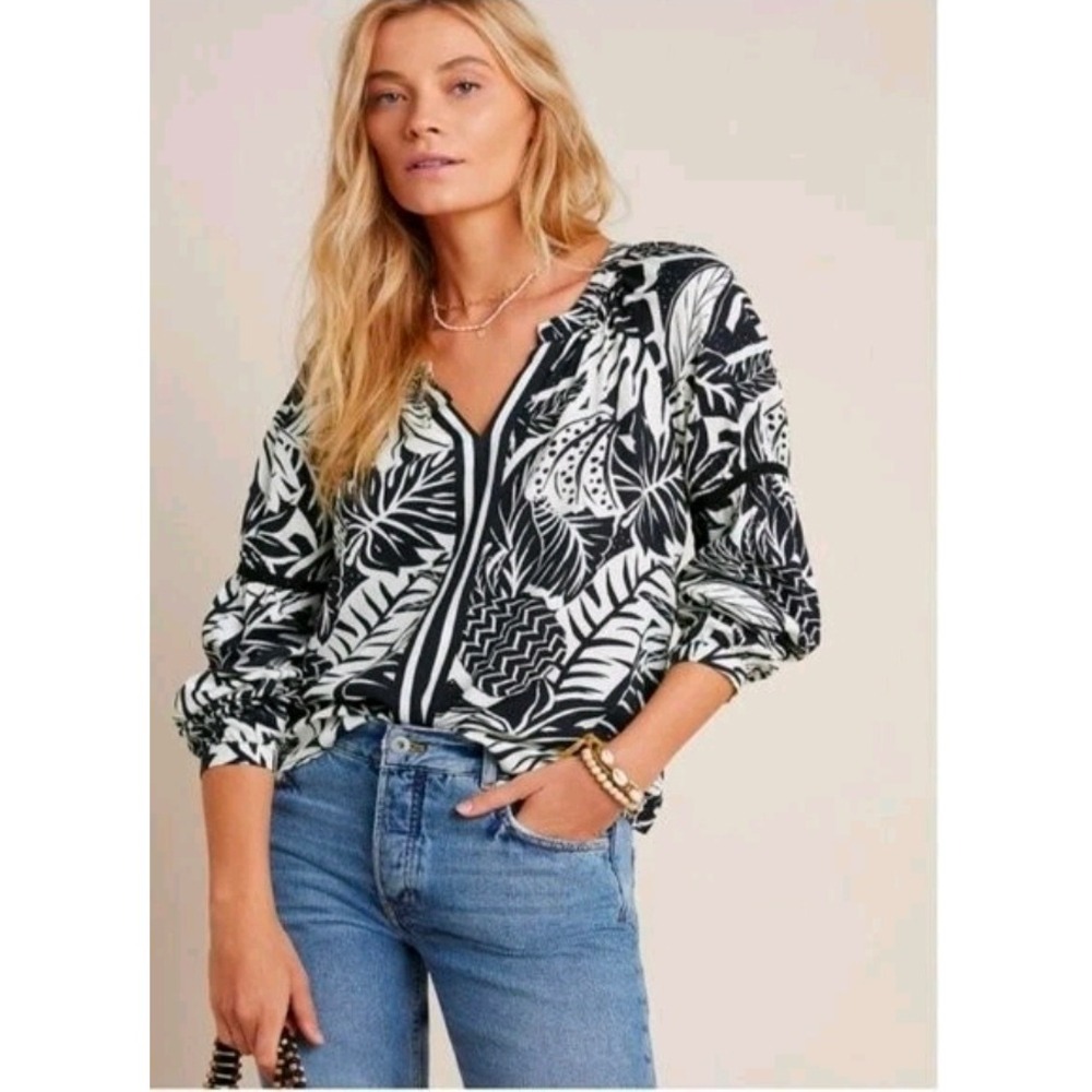 Farm Rio for Anthropologie Black White Angela Viscose Blouse Size Small
